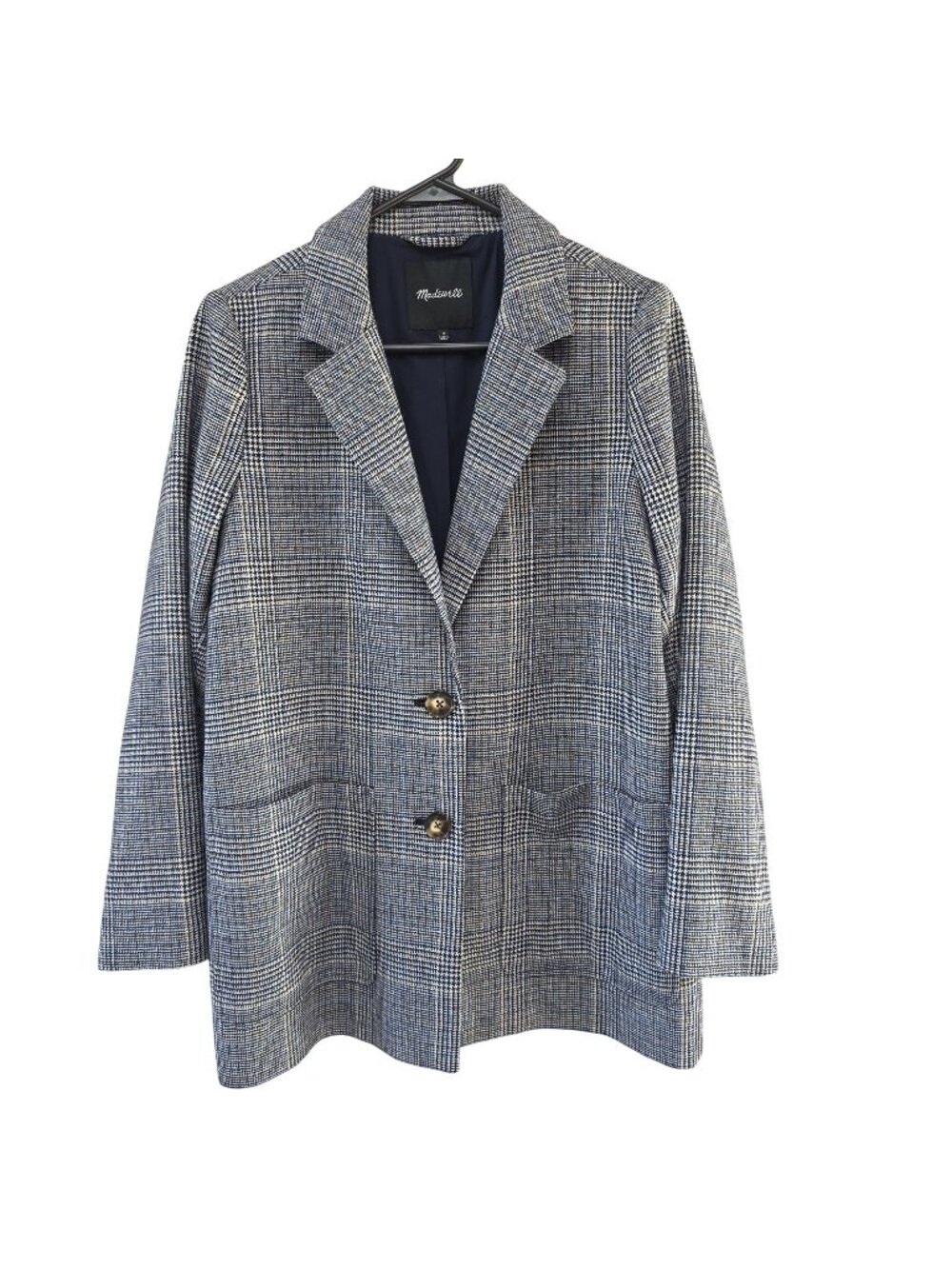 Madewell Womens Glen Plaid Blazer Jacket Size M Blue White Classic Two-Button St
